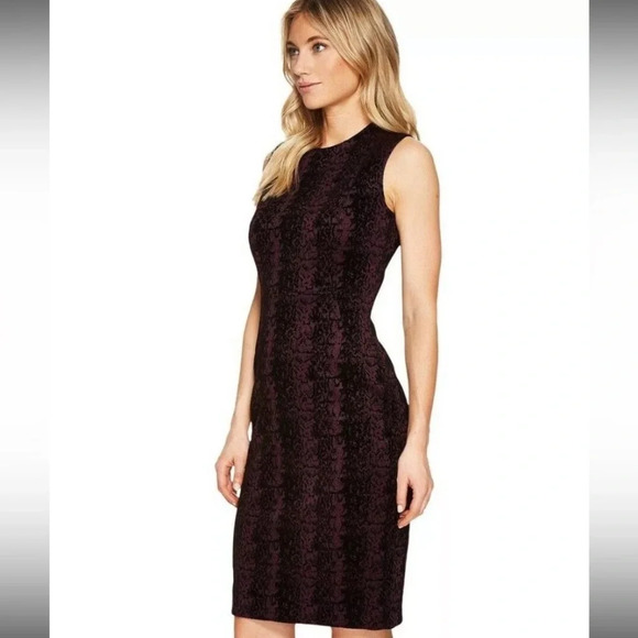 Calvin Klein Flocked Scuba Python Print Sheath Dress Aubergine/Black Size 6‎ - Picture 1 of 12